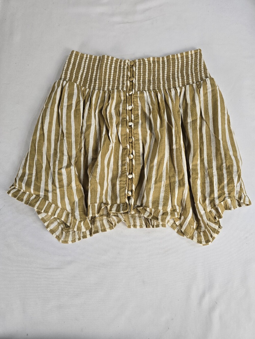 NWT By Anthropologie Yoke Smocked Waist Band Button Front Mini Skirt Striped